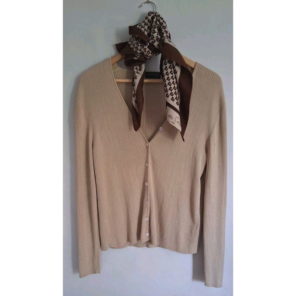 Liz Claiborne 100% Silk Ribbed Cardigan XL Beige Minimalist Button Front